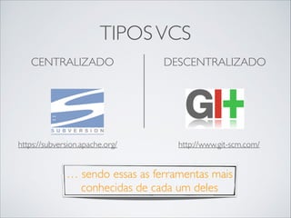 TIPOS VCS
CENTRALIZADO	


DESCENTRALIZADO	


!

!

https://subversion.apache.org/

http://www.git-scm.com/

… sendo essas as ferramentas mais
conhecidas de cada um deles

 