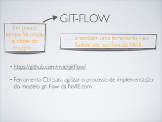 Em pouco
tempo foi criado
o nome do
modelo…

GIT-FLOW
… e também uma ferramenta para
facilitar seu uso fora da NVIE

• https://github.com/nvie/gitﬂow/	

• Ferramenta

CLI para agilizar o processo de implementação
do modelo git ﬂow da NVIE.com

 