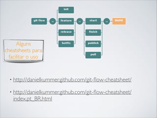Alguns
cheatsheets para
facilitar o uso

• http://danielkummer.github.com/git-ﬂow-cheatsheet/	

• http://danielkummer.github.com/git-ﬂow-cheatsheet/

index.pt_BR.html

 