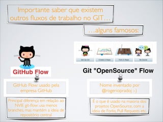 Importante saber que existem
outros ﬂuxos de trabalho no GIT…
…alguns famosos:

Git "OpenSource" Flow
GitHub Flow: usado pela
empresa GitHub

Nome inventado por
@rogeriopradoj :-)

Principal diferença em relação ao
NVIE git-ﬂow: usa menos
branches, mas mantém a ideia de
repositório central

É o que é usado na maioria dos
projetos OpenSource, com a
ideia de Forks, Pull Requests etc.

 