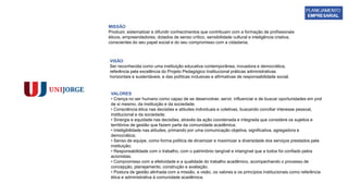 MISSÃO
Produzir, sistematizar e difundir conhecimentos que contribuam com a formação de profissionais
éticos, empreendedores, dotados de senso crítico, sensibilidade cultural e inteligência criativa,
conscientes do seu papel social e do seu compromisso com a cidadania.
VISÃO
Ser reconhecida como uma instituição educativa contemporânea, inovadora e democrática,
referência pela excelência do Projeto Pedagógico Institucional práticas administrativas
horizontais e sustentáveis; e das políticas inclusivas e afirmativas de responsabilidade social.
VALORES
• Crença no ser humano como capaz de se desenvolver, servir, influenciar e de buscar oportunidades em prol
de si mesmo, da instituição e da sociedade;
• Consciência ética nas decisões e atitudes individuais e coletivas, buscando conciliar interesse pessoal,
institucional e da sociedade;
• Sinergia e equidade nas decisões, através da ação coordenada e integrada que considere os sujeitos e
territórios de gestão que fazem parte da comunidade acadêmica;
• Inteligibilidade nas atitudes, primando por uma comunicação objetiva, significativa, agregadora e
democrática;
• Senso de equipe, como forma política de dinamizar e maximizar a diversidade dos serviços prestados pela
instituição;
• Responsabilidade com o trabalho, com o patrimônio tangível e intangível que a todos foi confiado pelos
acionistas;
• Compromisso com a efetividade e a qualidade do trabalho acadêmico, acompanhando o processo de
concepção, planejamento, construção e avaliação.
• Postura de gestão alinhada com a missão, a visão, os valores e os princípios institucionais como referência
ética e administrativa à comunidade acadêmica.
 