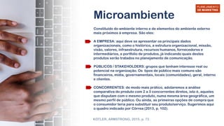 Microambiente
Constituído do ambiente interno e de elementos do ambiente externo
mais próximos à empresa. São eles:
A EMPRESA: aqui deve se apresentar os principais dados
organizacionais, como o histórico, a estrutura organizacional, missão,
visão, valores, infraestrutura, recursos humanos, fornecedores e
intermediários, e portfolio de produtos, já indicando quais destes
produtos serão tratados no planejamento de comunicação.
PÚBLICOS / STAKEHOLDERS: grupos que tenham interesse real ou
potencial na organização. Os tipos de público mais comuns são
financeiros, mídia, governamentais, locais (comunidades), geral, interno
e clientes.
CONCORRENTES: de modo mais prático, adotaremos a análise
comparativa do produto com 2 a 3 concorrentes diretos, isto é, aqueles
que disputam com o mesmo produto, numa mesma área geográfica, um
mesmo perfil de público. Ou ainda, as primeiras opções de compra que
o consumidor teria para substituir seu produto/serviço. Sugerimos aqui
o quadro indicado por Côrrea (2013, p. 102).
KOTLER; ARMSTRONG, 2015, p. 73
 