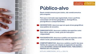 Público-alvo
Quem vende/comunica para todos, não vende/comunica
para ninguém.
Para que o mercado seja segmentado, trace o perfil do
consumidor em termos geográficos, demográficos,
psicográficos e comportamentais.
GEOGRÁFICOS: descreva aqui em quais áreas geográficas
esse público de encontra.
DEMOGRÁFICOS: descreva o público em aspectos como
faixa etária, gênero, renda, grau de instrução e
religiosidade.
PSICOGRÁFICOS: descreva o público em aspectos como
classe social, personalidade e/ou estilo de vida.
COMPORTAMENTAIS: descreva o público a partir dos seus
hábitos de consumo em relação ao segmento em questão,
como OCASIÕES, BUSCA DE BENEFÍCIOS, FIDELIDADE e
ÍNDICES DE UTILIZAÇÃO.
KOTLER; ARMSTRONG, 2015, p. 209-216
 