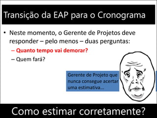 Transição da EAP para o Cronograma
• Neste momento, o Gerente de Projetos deve
responder – pelo menos – duas perguntas:
– Quanto tempo vai demorar?
– Quem fará?
Como estimar corretamente?
Gerente de Projeto que
nunca consegue acertar
uma estimativa...
 