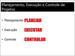 Planejamento, Execução e Controle de
Projetos
• Planejamento
• Execução
• Controle
PLANEJAR
EXECUTAR
CONTROLAR
 