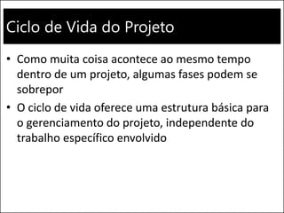 Ciclo de Vida do Projeto
• Como muita coisa acontece ao mesmo tempo
dentro de um projeto, algumas fases podem se
sobrepor
• O ciclo de vida oferece uma estrutura básica para
o gerenciamento do projeto, independente do
trabalho específico envolvido
 