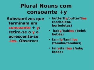 Plural Nouns com
       consoante +y
Substantivos que   
                       butterfly/butterflies
 terminam em       ...