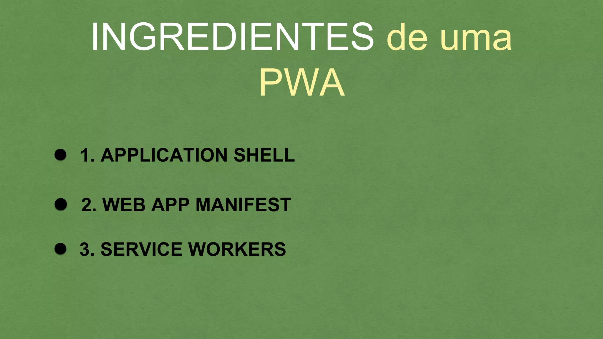 INGREDIENTES de uma PWA
1. APPLICATION SHELL
3. SERVICE WORKERS
2. WEB APP MANIFEST
 