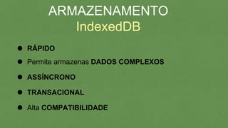 ARMAZENAMENTO
IndexedDB
RÁPIDO
Permite armazenas DADOS COMPLEXOS
ASSÍNCRONO
TRANSACIONAL
Alta COMPATIBILIDADE