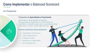 As 4 Perspectivas
Como Implementar o Balanced Scorecard
Perspectiva do Aprendizado e Crescimento
Desenvolva o aprendizado da empresa!
Essa perspectiva representa o conhecimento e a
experiência necessários para que a sua empresa atinja
suas metas e, assim, cresça cada vez mais.
Possíveis indicadores dessa perspectiva:
 Capacitações e treinamentos
 Cultura organizacional
 Código de conduto
 Satisfação dos colaboradores
 Clima organizacional
 