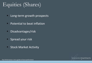Long-term growth prospects Potential to beat inflation Disadvantages/risk Spread your risk Stock Market Activity Past Performance is not a guide to future performance Equities (Shares) 