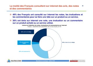 40
Baromètre du numérique – édition 2015
La moitié des Français consultent sur internet des avis, des notes
et des commentaires
49% des Français ont consulté sur internet les notes, les évaluations et
les commentaires pour se faire une idée sur un produit ou un service.
26% ont émis sur internet une note, une évaluation ou un commentaire
sur un produit acheté ou un service utilisé.
48% n'ont ni lu ni rédigé
26% ont seulement lu
23% ont lu et rédigé
3% ont seulement
rédigé
Lecture et rédaction de notes, évaluations et commentaires sur internet
Champ : ensemble de la population de 12 ans et plus, en %
 