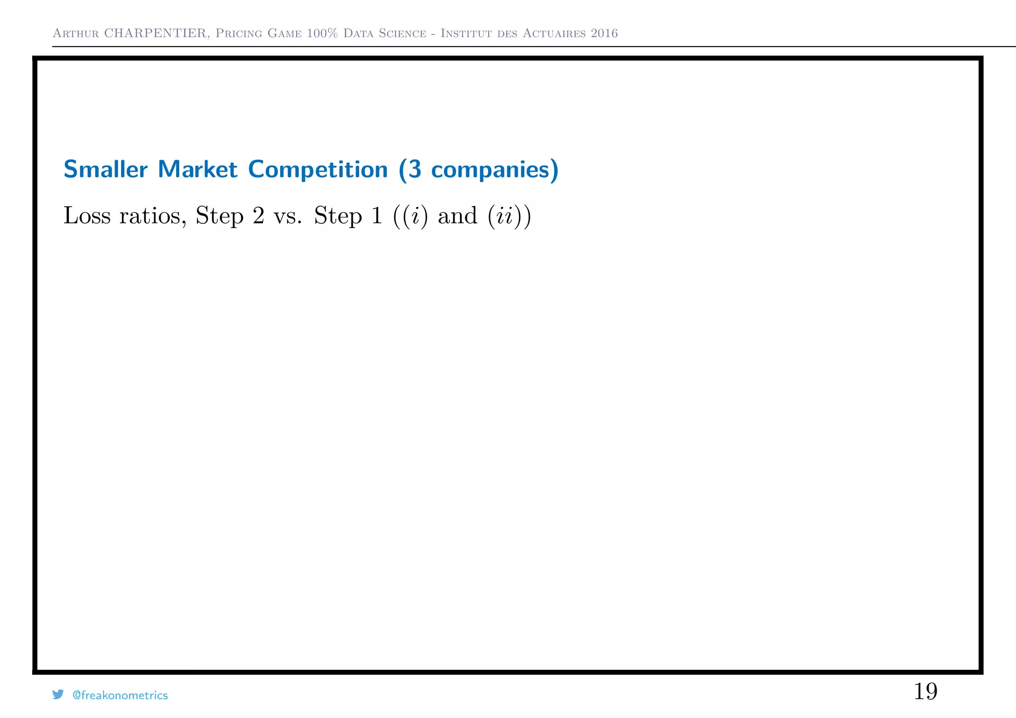 Arthur CHARPENTIER, Pricing Game 100% Data Science - Institut des Actuaires 2016
Smaller Market Competition (3 companies)
Loss ratios, Step 2 vs. Step 1 ((i) and (ii))
@freakonometrics 19
 