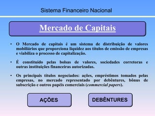 • O Mercado de capitais é um sistema de distribuição de valores
mobiliários que proporciona liquidez aos títulos de emissã...
