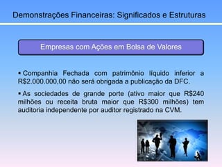 Demonstrações Financeiras: Significados e Estruturas
 Companhia Fechada com patrimônio líquido inferior a
R$2.000.000,00 ...