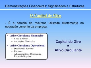O Capital de Giro
• Ativo Circulante Financeiro
– Caixa e Bancos
– Aplicações Financeiras
• Ativo Circulante Operacional
–...