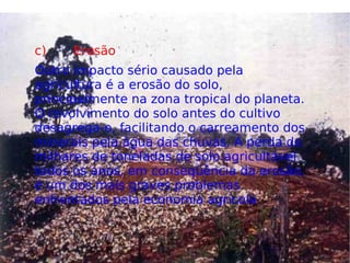   c)       Erosão Outro impacto sério causado pela agricultura é a erosão do solo, principalmente na zona tropical do planeta. O revolvimento do solo antes do cultivo desagrega-o, facilitando o carreamento dos minerais pela água das chuvas. A perda de milhares de toneladas de solo agricultável todos os anos, em conseqüência da erosão, é um dos mais graves problemas enfrentados pela economia agrícola 