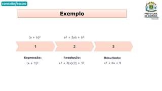 Exemplo
Expressão:
(x + 3)²
Resolução:
x² + 2(x)(3) + 3²
Resultado:
x² + 6x + 9
a² + 2ab + b²
(a + b)²
 