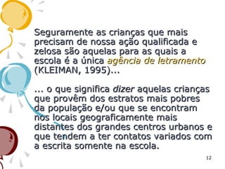 Seguramente as crianças que maisSeguramente as crianças que mais
precisam de nossa ação qualificada eprecisam de nossa ação qualificada e
zelosa são aquelas para as quais azelosa são aquelas para as quais a
escola é a únicaescola é a única agência de letramentoagência de letramento
(KLEIMAN, 1995)...(KLEIMAN, 1995)...
... o que significa... o que significa dizerdizer aquelas criançasaquelas crianças
que provêm dos estratos mais pobresque provêm dos estratos mais pobres
da população e/ou que se encontramda população e/ou que se encontram
nos locais geograficamente maisnos locais geograficamente mais
distantes dos grandes centros urbanos edistantes dos grandes centros urbanos e
que tendem a ter contatos variados comque tendem a ter contatos variados com
a escrita somente na escola.a escrita somente na escola.
12
 