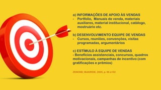 a) INFORMAÇÕES DE APOIO ÀS VENDAS
- Portfolio, Manuais de venda, materiais
auxiliares, material institucional, catálogo,
mostruário etc.
b) DESENVOLVIMENTO EQUIPE DE VENDAS
- Cursos, reuniões, convenções, visitas
programadas, argumentários
c) ESTÍMULO À EQUIPE DE VENDAS
- Benefícios assistenciais, concursos, quadros
motivacionais, campanhas de incentivo (com
gratificações e prêmios)
ZENONE; BUAIRIDE, 2005, p. 96 a102
 