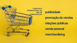 publicidade
promoçãodevendas
relaçõespúblicas
vendapessoal
merchandising
COMPOSTO
PROMOCIONAL OU
MIX DE
COMUNICAÇÃO
 