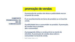 promoçãodevendas
COMPOSTO
PROMOCIONAL OU
MIX DE
COMUNICAÇÃO
A promoção de vendas não deixa a publicidade morrer
no ponto de venda.
É um acontecimento em torno do produto ou no local da
venda.
A publicidade leva o consumidor ao produto. A promoção
de vendas traz o produto
até o consumidor.
A propaganda efetua a venda prévia na mente da
clientela. A promoção de vendas atua sobre o
consumidor no local da venda.
SANT’ANNA, 2000, p. 23
 