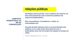 relaçõespúblicas
COMPOSTO
PROMOCIONAL OU
MIX DE
COMUNICAÇÃO
Atividades desenvolvidas com o objetivo de contruir um
bom relacionamento com os diversos públicos da
empresa (stakeholders).
São consumidores, investidores, a mídia, as
comunidades etc.
Causam grande impacto sobre a conscientização dos
públicos a um custo muito mais baixo do que a
publicidade, pois não há compra de espaço ou tempo em
mídia.
KOTLER; ARMSTRONG, 2015, p. 497-498
 