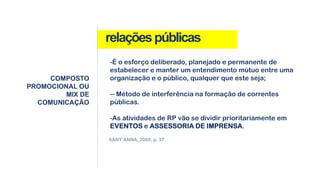 relaçõespúblicas
COMPOSTO
PROMOCIONAL OU
MIX DE
COMUNICAÇÃO
SANT’ANNA, 2000, p. 37
-É o esforço deliberado, planejado e permanente de
estabelecer e manter um entendimento mútuo entre uma
organização e o público, qualquer que este seja;
-- Método de interferência na formação de correntes
públicas.
-As atividades de RP vão se dividir prioritariamente em
EVENTOS e ASSESSORIA DE IMPRENSA.
 