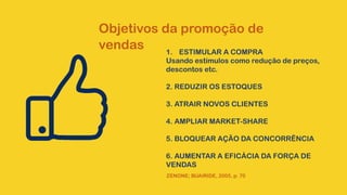 Objetivos da promoção de
vendas 1. ESTIMULAR A COMPRA
Usando estímulos como redução de preços,
descontos etc.
2. REDUZIR OS ESTOQUES
3. ATRAIR NOVOS CLIENTES
4. AMPLIAR MARKET-SHARE
5. BLOQUEAR AÇÃO DA CONCORRÊNCIA
6. AUMENTAR A EFICÁCIA DA FORÇA DE
VENDAS
ZENONE; BUAIRIDE, 2005, p. 70
 