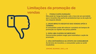 Limitações da promoção de
vendas 1. POSSUI CURTA DURAÇÃO
Não pode ter longa duração, sob o risco de ser percebido
que o incentivo faz parte do produto/serviço ou da ação ter
seu impacto diluído
2. CRIAR IMPACTO NEGATIVO NAS VENDAS APÓS O
TÉRMINO
O consumidor pode até estocar o produto em tempos de
promoção ou rejeitar seu preço padrão
3. GERA UMA GUERRA NO MERCADO
Concorrentes podem reagir para neutralizar a ação da
promoção
4. CRIA DEPENDÊNCIA DA OFERTA NO CONSUMIDOR
Ao término do incentivo, o consumidor pode se sentir
insatisfeito
ZENONE; BUAIRIDE, 2005, p. 68
 