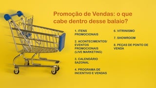 Promoção de Vendas: o que
cabe dentro desse balaio?
1. ITENS
PROMOCIONAIS
2. ACONTECIMENTOS/
EVENTOS
PROMOCIONAIS
(LIVE MARKETING)
3. CALENDÁRIO
SAZONAL
4. PROGRAMA DE
INCENTIVO E VENDAS
6. VITRINISMO
7. SHOWROOM
8. PEÇAS DE PONTO DE
VENDA
 