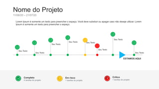 Nome do Projeto
11/06/20 – 21/07/20
Completo
4 tarefas do projeto
Em risco
1 tarefas do projeto
Crítico
1 tarefas do projeto
Seu Texto
Seu Texto
Seu Texto
Seu Texto Seu Texto
Seu Texto
ESTAMOS AQUI
Lorem Ipsum é somente um texto para preencher o espaço. Você deve subsituir ou apagar caso não deseje utilizar. Lorem
Ipsum é somente um texto para preencher o espaço.
Seu Texto
Seu Texto
 