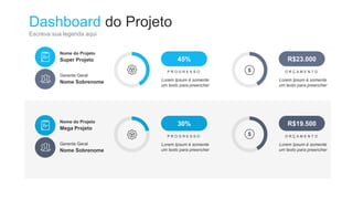 Dashboard do Projeto
Escreva sua legenda aqui
45%
P R O G R E S S O
Lorem Ipsum é somente
um texto para preencher
R$23.000
O R Ç A M E N T O
Lorem Ipsum é somente
um texto para preencher
30%
P R O G R E S S O
Lorem Ipsum é somente
um texto para preencher
R$19.500
O R Ç A M E N T O
Lorem Ipsum é somente
um texto para preencher
Nome do Projeto
Gerente Geral
Super Projeto
Nome Sobrenome
Nome do Projeto
Gerente Geral
Mega Projeto
Nome Sobrenome
 