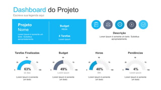 Dashboard do Projeto
Escreva sua legenda aqui
Descrição
Lorem Ipsum é somente um texto Substitua
apropriadamente.
Budget
R$30k
4 Tarefas
Lorem Ipsum
Lorem Ipsum é somente um
texto Substitua
apropriadamente.
Projeto
Nome
Tarefas Finalizadas
63%
0
25
50
75
100
22 dias
Lorem Ipsum é somente
um texto
Budget
49%
0
25
50
75
100
Lorem ipsum
Lorem Ipsum é somente
um texto
Horas
40%
0
25
50
75
100
84h
Lorem Ipsum é somente
um texto
Pendências
4%
0
25
50
75
100
Lorem ipsum
Lorem Ipsum é somente
um texto
 