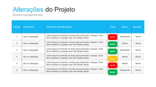 Alterações do Projeto
Escreva sua legenda aqui
Código Alterações Descrição das Alterações Prior Status Gerente
1 Isto é a alteração.
Lorem Ipsum é somente um texto para preencher o espaço. Você
deve substituir ou apagar caso não deseje utilizar.
Andamento Nome
2 Isto é a alteração.
Lorem Ipsum é somente um texto para preencher o espaço. Você
deve substituir ou apagar caso não deseje utilizar.
Aberto Nome
3 Isto é a alteração.
Lorem Ipsum é somente um texto para preencher o espaço. Você
deve substituir ou apagar caso não deseje utilizar.
Andamento Nome
4 Isto é a alteração.
Lorem Ipsum é somente um texto para preencher o espaço. Você
deve substituir ou apagar caso não deseje utilizar.
Aberto Nome
5 Isto é a alteração.
Lorem Ipsum é somente um texto para preencher o espaço. Você
deve substituir ou apagar caso não deseje utilizar.
Aberto Nome
6 Isto é a alteração.
Lorem Ipsum é somente um texto para preencher o espaço. Você
deve substituir ou apagar caso não deseje utilizar.
Andamento Nome
ALTO
BAIXO
BAIXO
MÉDIO
BAIXO
ALTO
 