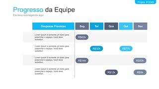 Progresso da Equipe
Escreva sua legenda aqui
Projeto #12345
Despesas Previstas Seg Ter Qua Qui
Lorem Ipsum é somente um texto para
preencher o espaço. Você deve
substituir .
Lorem Ipsum é somente um texto para
preencher o espaço. Você deve
substituir .
Lorem Ipsum é somente um texto para
preencher o espaço. Você deve
substituir .
Lorem Ipsum é somente um texto para
preencher o espaço. Você deve
substituir .
Sex
R$62k
R$14k
R$32k
R$12k
R$77k
R$50k
R$9k
 