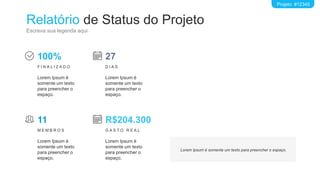 Relatório de Status do Projeto
Escreva sua legenda aqui
Projeto #12345
100%
F I N A L I Z A D O
Lorem Ipsum é
somente um texto
para preencher o
espaço.
27
D I A S
Lorem Ipsum é
somente um texto
para preencher o
espaço.
11
M E M B R O S
Lorem Ipsum é
somente um texto
para preencher o
espaço.
R$204.300
G A S T O R E A L
Lorem Ipsum é
somente um texto
para preencher o
espaço.
Lorem Ipsum é somente um texto para preencher o espaço.
 
