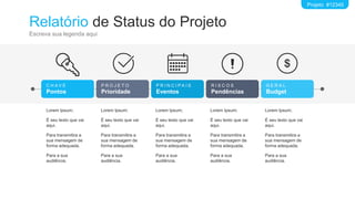 Relatório de Status do Projeto
Escreva sua legenda aqui
Projeto #12345
Lorem Ipsum;
É seu texto que vai
aqui.
Para transmitira a
sua mensagem de
forma adequada.
Para a sua
audiência.
C H A V E
Pontos
P R O J E T O
Prioridade
P R I N C I P A I S
Eventos
R I S C O S
Pendências
G E R A L
Budget
Lorem Ipsum;
É seu texto que vai
aqui.
Para transmitira a
sua mensagem de
forma adequada.
Para a sua
audiência.
Lorem Ipsum;
É seu texto que vai
aqui.
Para transmitira a
sua mensagem de
forma adequada.
Para a sua
audiência.
Lorem Ipsum;
É seu texto que vai
aqui.
Para transmitira a
sua mensagem de
forma adequada.
Para a sua
audiência.
Lorem Ipsum;
É seu texto que vai
aqui.
Para transmitira a
sua mensagem de
forma adequada.
Para a sua
audiência.
 