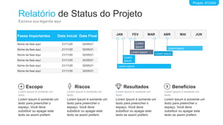Lorem
ipsum
Lorem ipsum
Relatório de Status do Projeto
Escreva sua legenda aqui
Projeto #12345
Fases Importantes Data Inicial Data Final
Nome da fase aqui 21/11/20 02/05/21
Nome da fase aqui 21/11/20 02/05/21
Nome da fase aqui 21/11/20 02/05/21
Nome da fase aqui 21/11/20 02/05/21
Nome da fase aqui 21/11/20 02/05/21
Nome da fase aqui 21/11/20 02/05/21
JAN FEV MAR ABR MAI JUN
Lorem ipsum
Lorem
ipsum
Lorem ipsum
Lorem ipsum
Escopo
Lorem Ipsum é somente um
texto.
Lorem Ipsum é somente um
texto para preencher o
espaço. Você deve
substituir ou apagar este
texto se assim preferir.
Riscos
Lorem Ipsum é somente um
texto.
Lorem Ipsum é somente um
texto para preencher o
espaço. Você deve
substituir ou apagar este
texto se assim preferir.
Resultados
Lorem Ipsum é somente um
texto.
Lorem Ipsum é somente um
texto para preencher o
espaço. Você deve
substituir ou apagar este
texto se assim preferir.
Benefícios
Lorem Ipsum é somente um
texto.
Lorem Ipsum é somente um
texto para preencher o
espaço. Você deve
substituir ou apagar este
texto se assim preferir.
 