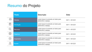 Resumo do Projeto
Título Descrição Data
Clientes
Lorem Ipsum é somente um texto para
preencher o espaço.
04/11 –16/12/21
Introdução
Lorem Ipsum é somente um texto para
preencher o espaço.
04/11 –16/12/21
Recursos
Lorem Ipsum é somente um texto para
preencher o espaço.
04/11 –16/12/21
Objetivos
Lorem Ipsum é somente um texto para
preencher o espaço.
04/11 –16/12/21
Orçamento
Lorem Ipsum é somente um texto para
preencher o espaço.
04/11 –16/12/21
Equipe
Lorem Ipsum é somente um texto para
preencher o espaço.
04/11 –16/12/21
 