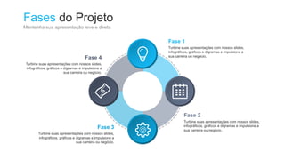 Fases do Projeto
Mantenha sua apresentação leve e direta
Fase 1
Turbine suas apresentações com nossos slides,
infográficos, gráficos e digramas e impulsione a
sua carreira ou negócio.
Fase 2
Turbine suas apresentações com nossos slides,
infográficos, gráficos e digramas e impulsione a
sua carreira ou negócio.
Fase 4
Turbine suas apresentações com nossos slides,
infográficos, gráficos e digramas e impulsione a
sua carreira ou negócio.
Fase 3
Turbine suas apresentações com nossos slides,
infográficos, gráficos e digramas e impulsione a
sua carreira ou negócio.
 