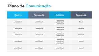 Plano de Comunicação
Objetivo Ferramenta Audiência Frequência
Lorem ipsum Lorem ipsum
Lorem ipsum
Lorem ipsum
Lorem ipsum
Diária
Lorem ipsum Lorem ipsum
Lorem ipsum
Lorem ipsum
Semanal
Lorem ipsum Lorem ipsum
Lorem ipsum
Lorem ipsum
Semanal
Lorem ipsum Lorem ipsum
Lorem ipsum
Lorem ipsum
Lorem ipsum
Mensal
Lorem ipsum Lorem ipsum Lorem ipsum Mensal
 