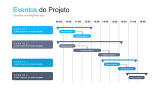 Eventos do Projeto
Escreva uma legenda aqui
09:00 10:00 11:00 12:00 13:00 14:00 15:00 16:00 17:00 18:00
E V E N T O 1
Lorem ipsum é um texto simples. Responsável 1
Responsável 2
E V E N T O 2
Lorem ipsum é um texto simples. Responsável 1
Responsável 2
Responsável 3
E V E N T O 3
Lorem ipsum é um texto simples. Responsável 1
Responsáve 2
E V E N T O 4
Lorem ipsum é um texto simples. Responsável 1
 