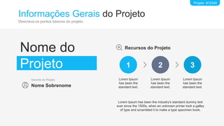 Informações Gerais do Projeto
Descreva os pontos básicos do projeto.
Projeto #12345
Nome do
Projeto
Nome Sobrenome
Gerente do Projeto
1
Recursos do Projeto
Lorem Ipsum
has been the
standard text.
2
Lorem Ipsum
has been the
standard text.
3
Lorem Ipsum
has been the
standard text.
Lorem Ipsum has been the industry's standard dummy text
ever since the 1500s, when an unknown printer took a galley
of type and scrambled it to make a type specimen book.
 