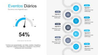 Eventos Diários
Escreva uma legenda aqui
Agenda 1
Descreva a sua
tarefa aqui.
09:00
Agenda 2
Descreva a sua
tarefa aqui.
10:00
Agenda 3
Descreva a sua
tarefa aqui.
10:30
Agenda 4
Descreva a sua
tarefa aqui.
12:00
Agenda 5
Descreva a sua
tarefa aqui.
13:45
Agenda 6
Descreva a sua
tarefa aqui.
16:00
Agenda 7
Descreva a sua
tarefa aqui.
17:45
0
25
50
75
100
54%
Lorem Ipsum has the text.
Turbines suas apresentações com slides, modelos, infográficos,
diagramas e gráficos do Slide Box e impulsione a sua carreira
profissional como nunca antes.
 