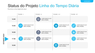 Status do Projeto Linha do Tempo Diária
Escreva uma legenda aqui
14:00
12/05/2021
ESTAMOS
AQUI
15:00
16:00
17:00
18:00
F A S E I F A S E I I F A S E I I I F A S E I V
Lorem Ipsum é um
texto simples.
Lorem Ipsum é um
texto simples.
Lorem Ipsum é um
texto simples.
Lorem Ipsum é um
texto simples.
Lorem Ipsum é um
texto simples.
Lorem Ipsum é um
texto simples.
Lorem Ipsum é um
texto simples.
Lorem Ipsum é um
texto simples.
Lorem Ipsum é um
texto simples.
Lorem Ipsum é um
texto simples.
 