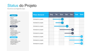 Status do Projeto
Escreva sua legenda aqui
Plano Semanal Seg Ter Qua Qui Sex Sab Dom
Atividade do projeto
Atividade do projeto
Atividade do projeto
Atividade do projeto
Atividade do projeto
Atividade do projeto
Atividade do projeto
Atividade do projeto
Fase 1
Turbine suas
apresentações com
nossos slides e
infográficos.
Seg-Qui
Fase 2
Turbine suas
apresentações com
nossos slides e
infográficos.
Qua-Sex
Turbine suas
apresentações com
nossos slides e
infográficos.
Qui-Dom
 