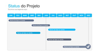 JAN FEV MAR ABR MAI JUN JUL AGO SET OUT NOV DEZ
Nome da fase ou tarefa
Nome da fase ou tarefa
Nome da fase ou tarefa
Nome da fase ou tarefa
Nome da fase ou tarefa
Nome da fase ou tarefa
Escreva sua legenda aqui
Status do Projeto
 