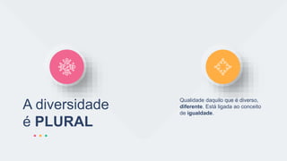 A diversidade
é PLURAL
Qualidade daquilo que é diverso,
diferente. Está ligada ao conceito
de igualdade.
 