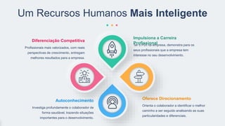 Investiga profundamente o colaborador de
forma saudável, trazendo situações
importantes para o desenvolvimento.
Autoconhecimento
Orienta o colaborador a identificar o melhor
caminho a ser seguido analisando as suas
particularidades e diferenciais.
Oferece Direcionamento
Ter o PDI na empresa, demonstra para os
seus profissionais que a empresa tem
interesse no seu desenvolvimento.
Impulsiona a Carreira
Profissional
Um Recursos Humanos Mais Inteligente
Profissionais mais valorizados, com reais
perspectivas de crescimento, entregam
melhores resultados para a empresa.
Diferenciação Competitiva
 